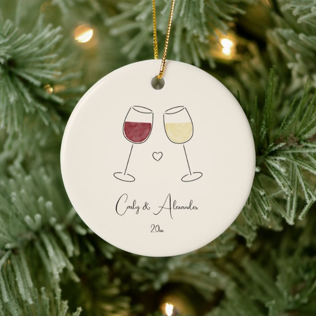 Red White Wine Married Engaged Anniversary Couple Ceramic Ornament (Tree)