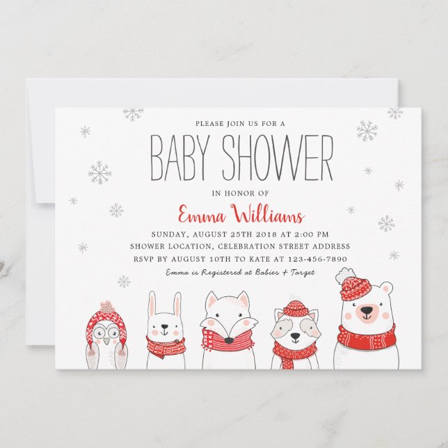 Red White Winter Snow Woodland Animals Baby Shower Invitation (Front)