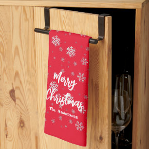Red White Winter Snowflakes Modern Merry Christmas Kitchen Towel