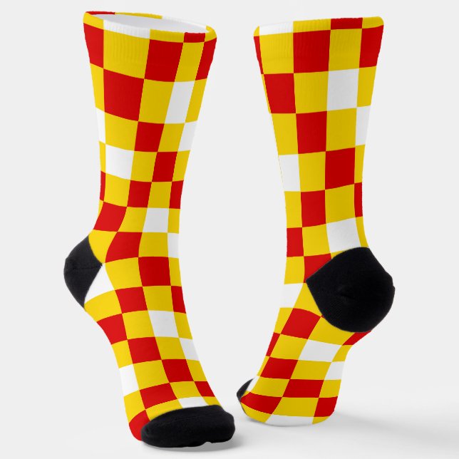 Red White Yellow Checkered Pattern Design  Socks (Angled)