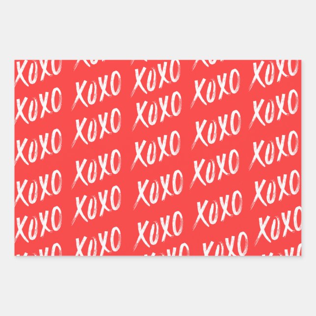 Red White Yellow XOXO Pattern Script Wrapping Paper Sheet (Front)