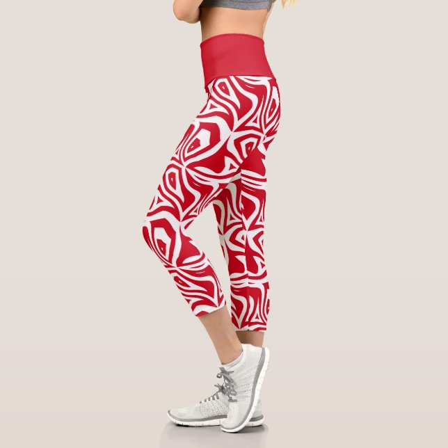 Red & White Zebra Stripes Womens Capris Leggings (Left)