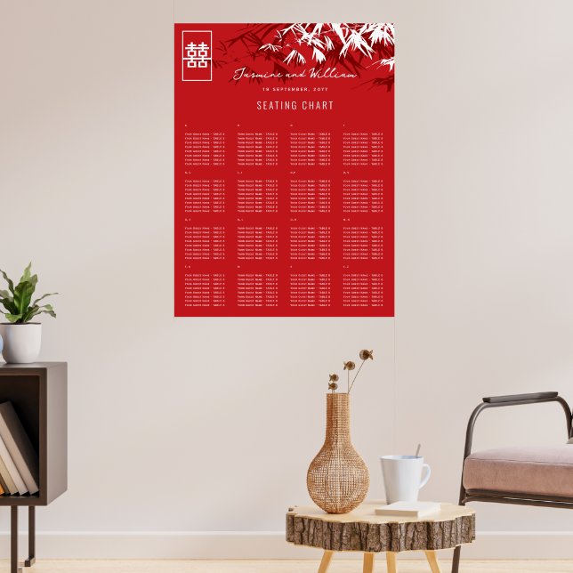 Red/White Zen Bamboo 囍 Chinese Wedding Seat Chart (Living Room 3)