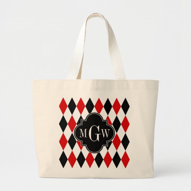 Red Wht Black Harlequin Blk Quatrefoil 3 Monogram Large Tote Bag (Front)