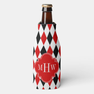 Red Wht Black Harlequin Red Quatrefoil 3 Monogram Bottle Cooler