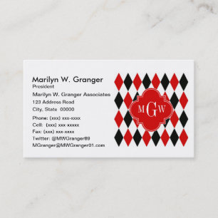 Red Wht Black Harlequin Red Quatrefoil 3 Monogram Business Card