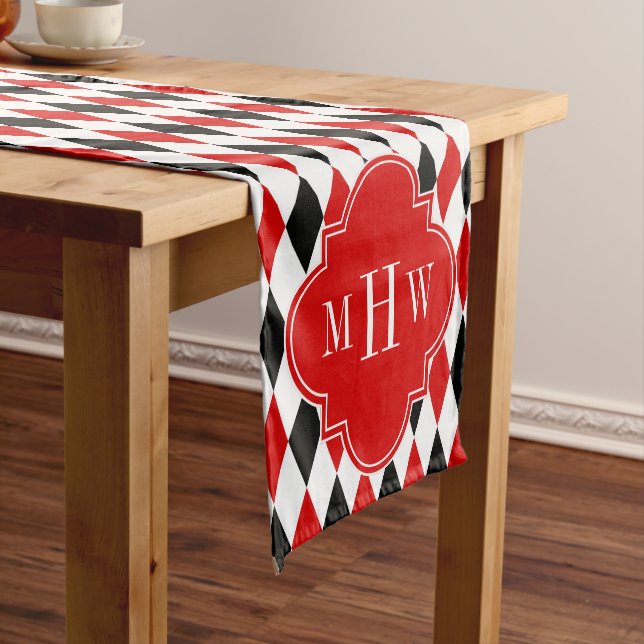 Red Wht Black Harlequin Red Quatrefoil 3 Monogram Short Table Runner (In Situ)