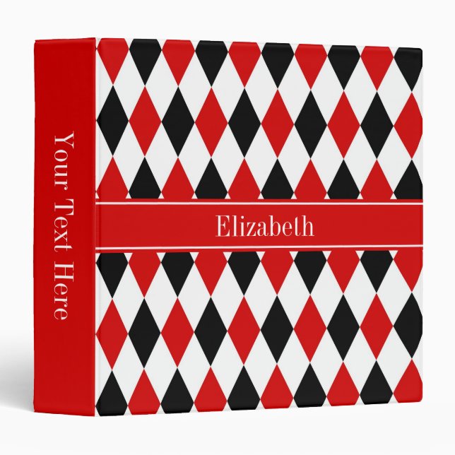 Red Wht Black Harlequin Red Ribbon Name Monogram Binder (Front/Spine)