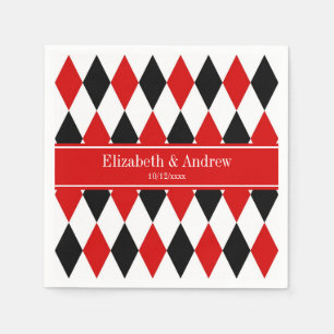 Red Wht Black Harlequin Red Ribbon Name Monogram Napkin