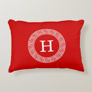 Red Wht Greek Key Rnd Frame Initial Monogram Accent Pillow