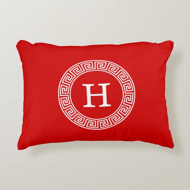 Red Wht Greek Key Rnd Frame Initial Monogram Accent Pillow (Front)
