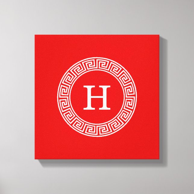 Red Wht Greek Key Rnd Frame Initial Monogram Canvas Print (Front)
