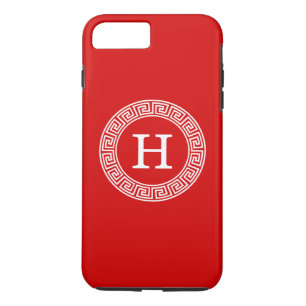 Red Wht Greek Key Rnd Frame Initial Monogram Case-Mate iPhone Case
