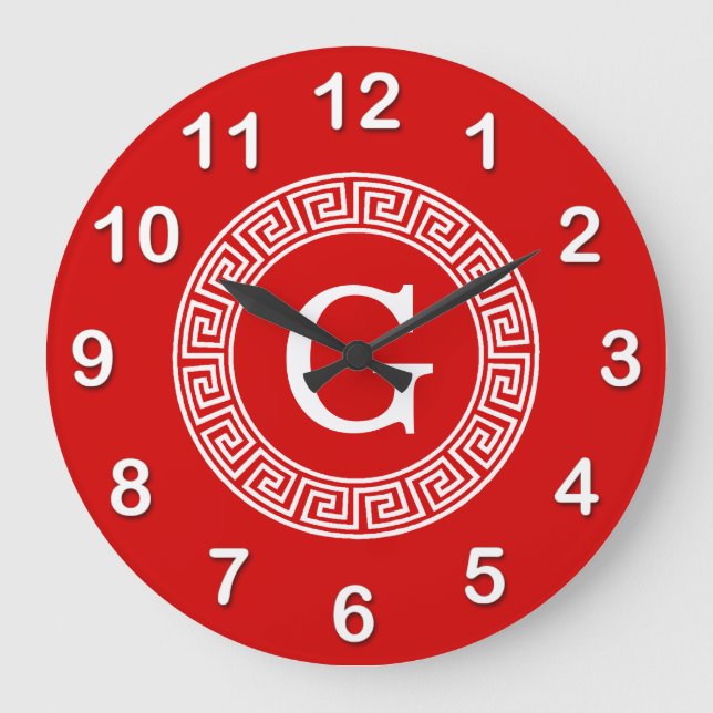 Red Wht Greek Key Rnd Frame Initial Monogram Large Clock (Front)