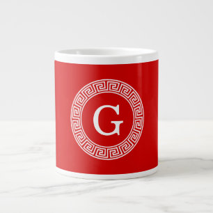 Red Wht Greek Key Rnd Frame Initial Monogram Large Coffee Mug