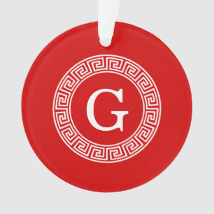 Red Wht Greek Key Rnd Frame Initial Monogram Ornament
