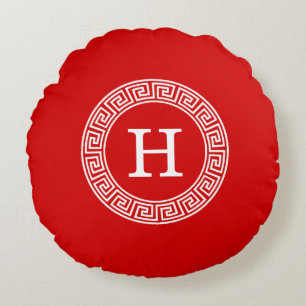Red Wht Greek Key Rnd Frame Initial Monogram Round Pillow