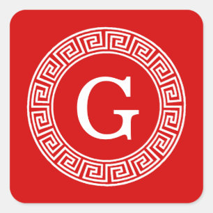 Red Wht Greek Key Rnd Frame Initial Monogram Square Sticker