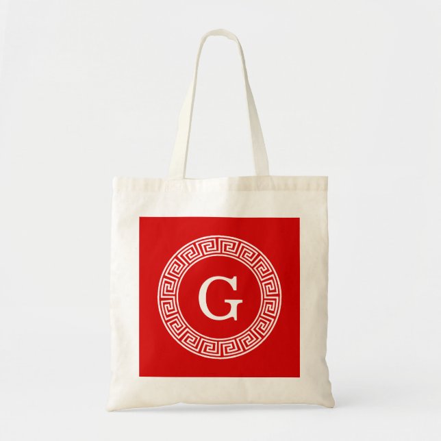 Red Wht Greek Key Rnd Frame Initial Monogram Tote Bag (Front)