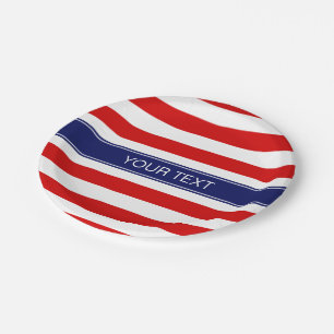 Red Wht Horiz Stripe Navy Blue Name Monogram Paper Plate