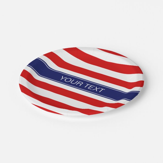 Red Wht Horiz Stripe Navy Blue Name Monogram Paper Plate (Angled)
