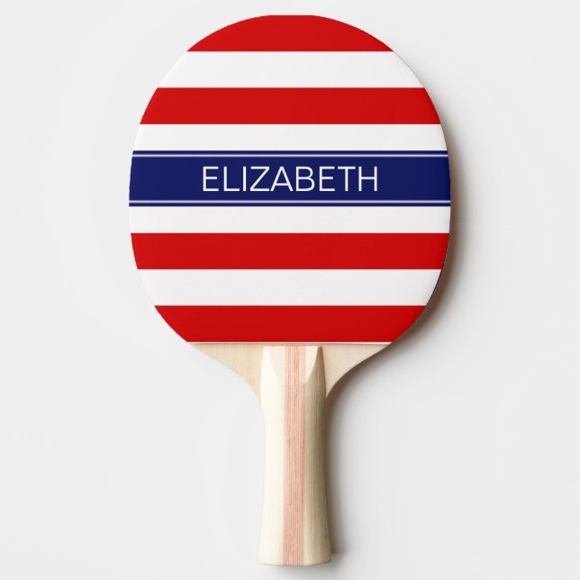 Red Wht Horiz Stripe Navy Blue Name Monogram Ping Pong Paddle (Front)