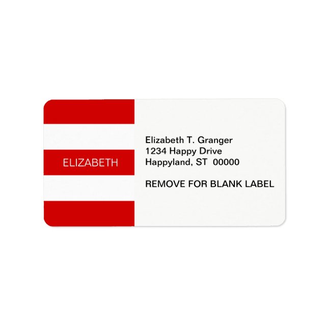Red Wht Horizontal Preppy Stripe #3 Name Monogram Label (Front)
