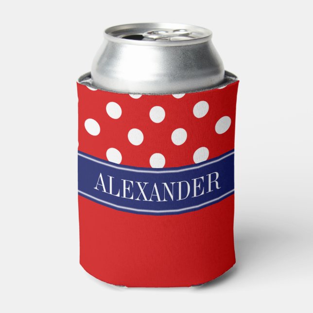 Red Wht LG Polka Dot CB Navy Name Monogram Can Cooler (Can Front)