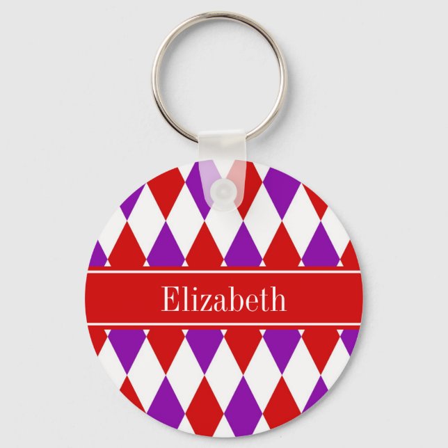 Red Wht Purple Harlequin Red Name Monogram Keychain (Front)