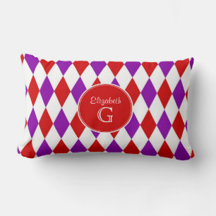 Red Wht Purple Harlequin Round Red Monogram #2 Lumbar Pillow