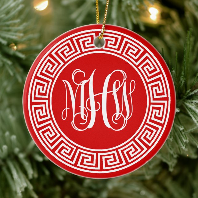 Red Wht Vine Script Monogram Font Greek Key Frame Ceramic Ornament (Creator Uploaded)