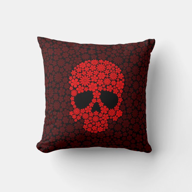 Red Wild Flowers Skull Throw Pillow (Front)