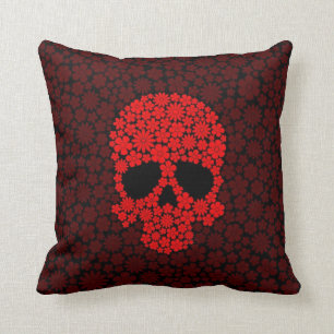Red Wild Flowers Skull Throw Pillow