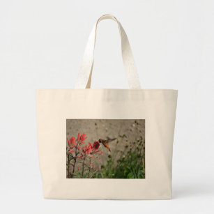Red wildflower hummingbird large tote bag