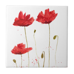 Red Wildflowers Floral watercolor Kitchen Rustic Tile