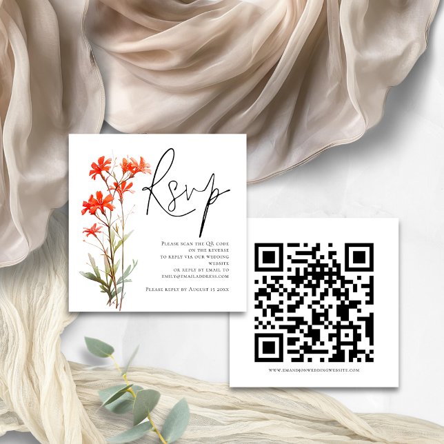 Red Wildflowers Script QR Code Wedding RSVP  Enclosure Card (Front and back view)