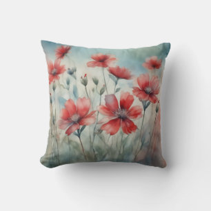 Red Wildflowers Spring Watercolor Floral Throw Pillow