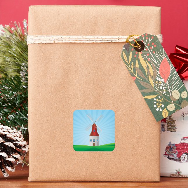 Red Windmill on Green Hills Blue Sky Square Sticker (Creator Uploaded)