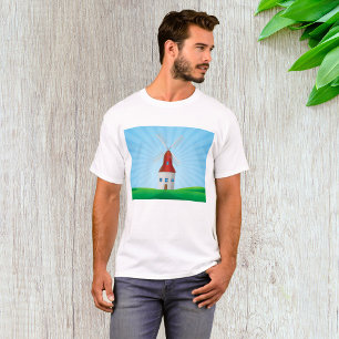 Red Windmill on Green Hills Blue Sky T-Shirt