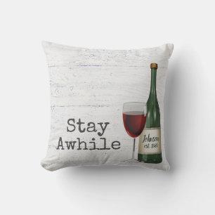 Red Wine and Bottle On Wood   Throw Pillow