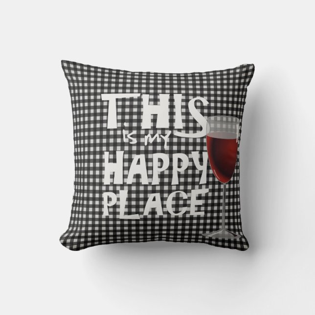 red wine and quote on black gingham throw pillow (Front)