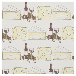 Red Wine Bottle and Brie Swiss Cheese Food Fabric