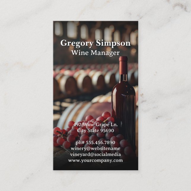 Red Wine Bottle and Grapes | Wine Barrels Business Card (Front)
