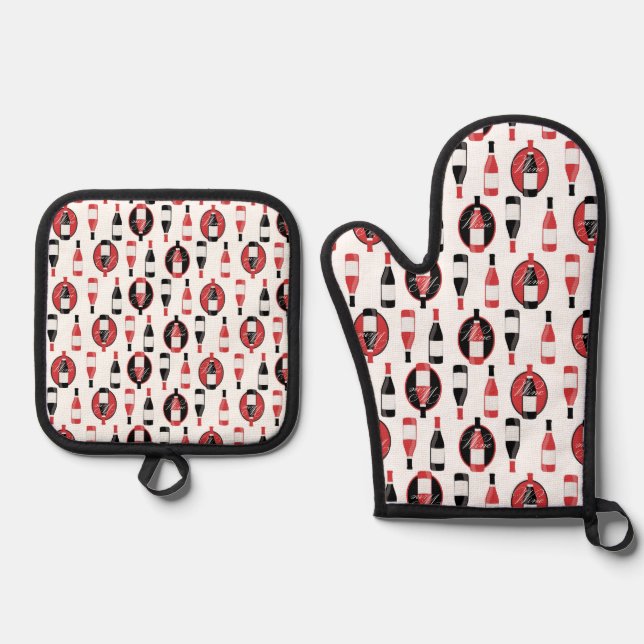 Red Wine Bottles Oven Mitt & Pot Holder Set (Front)
