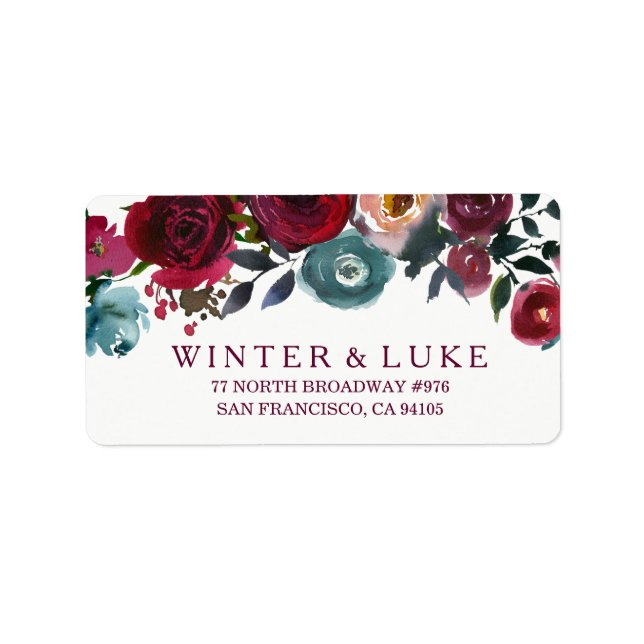Red Wine Burgundy Floral Wedding Address Label (Front)