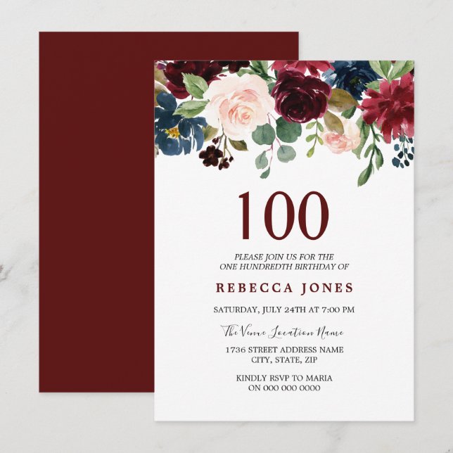 Red Wine Burgundy Flowers 100th Birthday Invite (Front/Back)