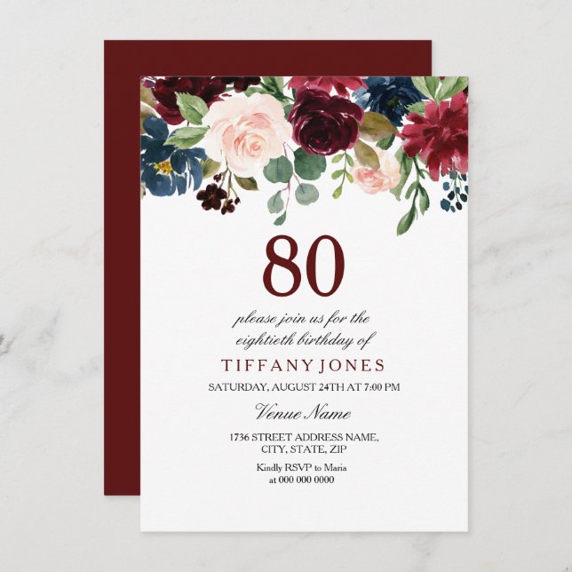 Red Wine Burgundy Flowers 80th Birthday Invite (Front/Back)