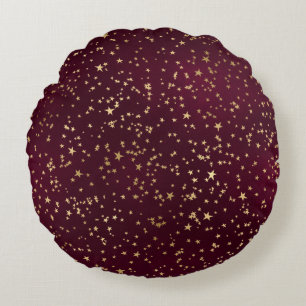 Red Wine Colour Golden Stars Astronomy Astrology Round Pillow