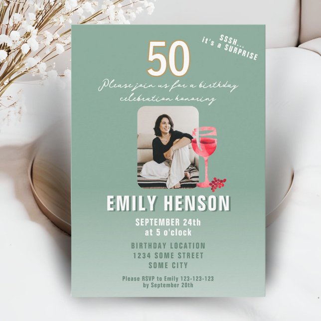 Red Wine Glass 50th Birthday Party Photo Invitation (Creator Uploaded)
