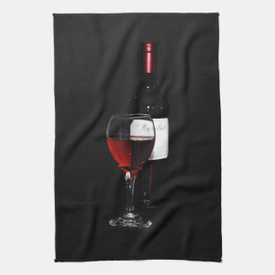 red wine glass and bottle kitchen towel